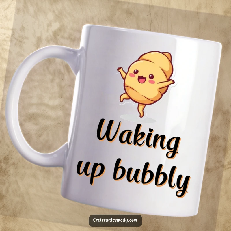 Funny Croissant Cartwheel Mug: A bubbly croissant character joyfully performs a cartwheel, radiating visible delight and energy.