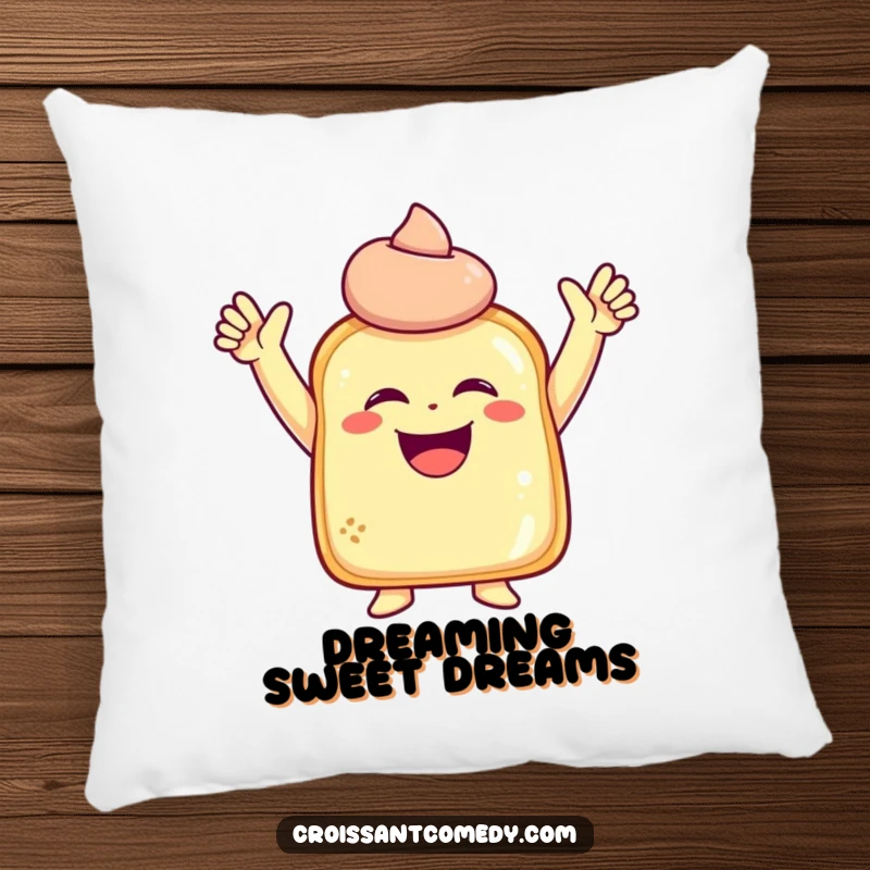 Funny Laughing Pastry Pillow: A laughing pastry character with raised arms is depicted in a joyous pose, adding soft humor.