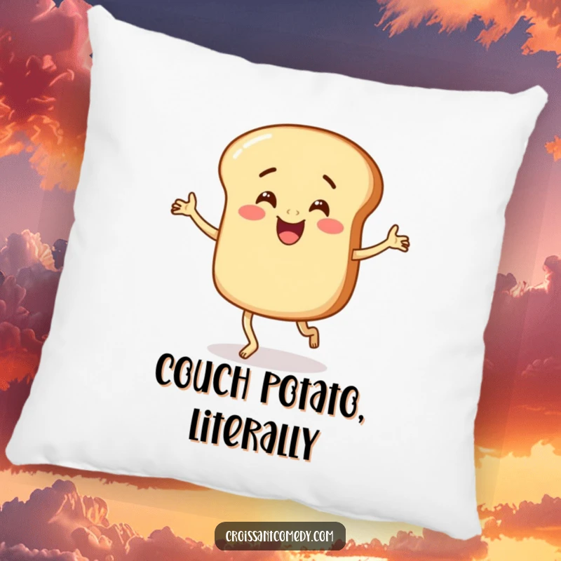 Funny Bread Pillow: A round, stubby-legged bread character happily dances a silly jig, adding humor to any seating area.