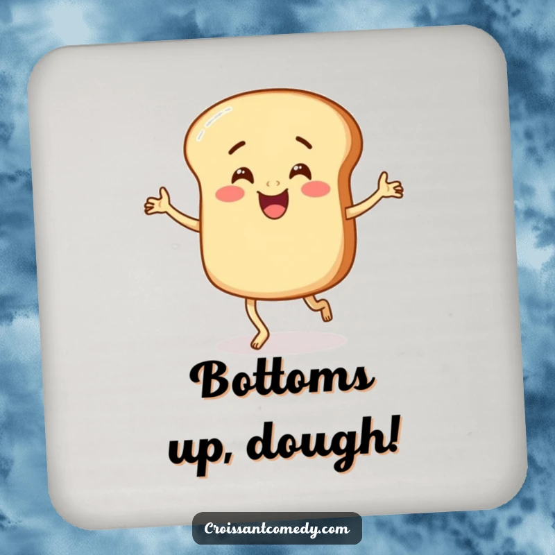 Funny Bread Coaster: A round, joyful bread character with short legs performs a funny little jig, protecting your surfaces.