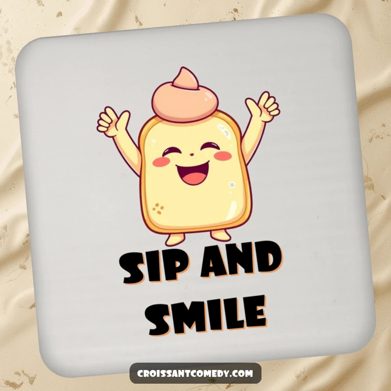 Funny Laughing Pastry Coaster: A laughing pastry character with raised arms is in a joyful pose, protecting your surfaces.