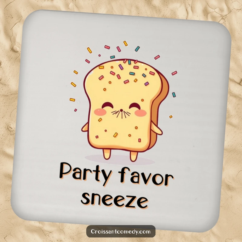 Funny Sneezing Bread Coaster: A flaky bread character sneezes a shower of sprinkles, protecting your surfaces with humor.