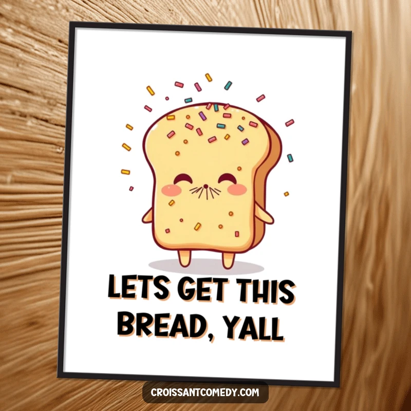 Funny Free Printable Wall Art: Flaky bread character playfully sneezes a delightful shower of colorful sprinkles.