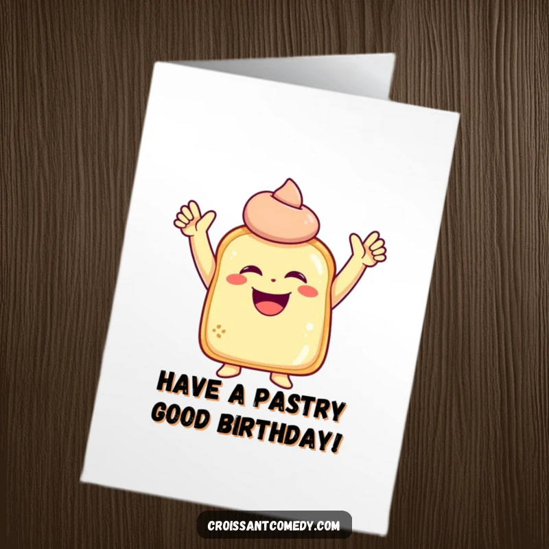 Funny Free Printable Birthday Card: Laughing pastry character with small arms raised in a supremely joyous pose.