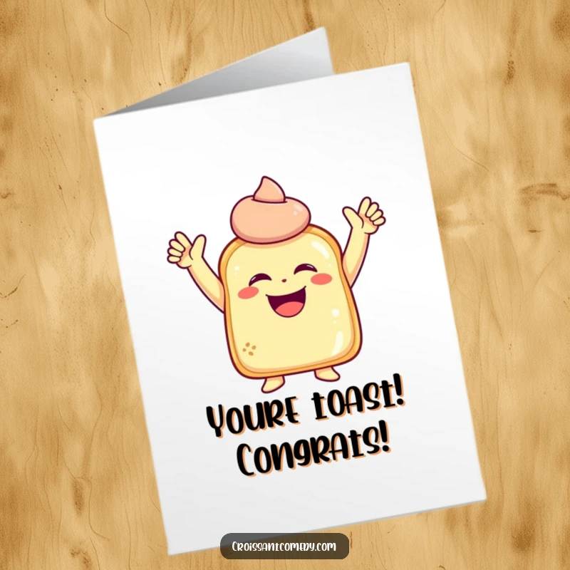 Funny Free Printable Congratulations Card: Laughing pastry character with small arms raised in an intensely joyous pose.