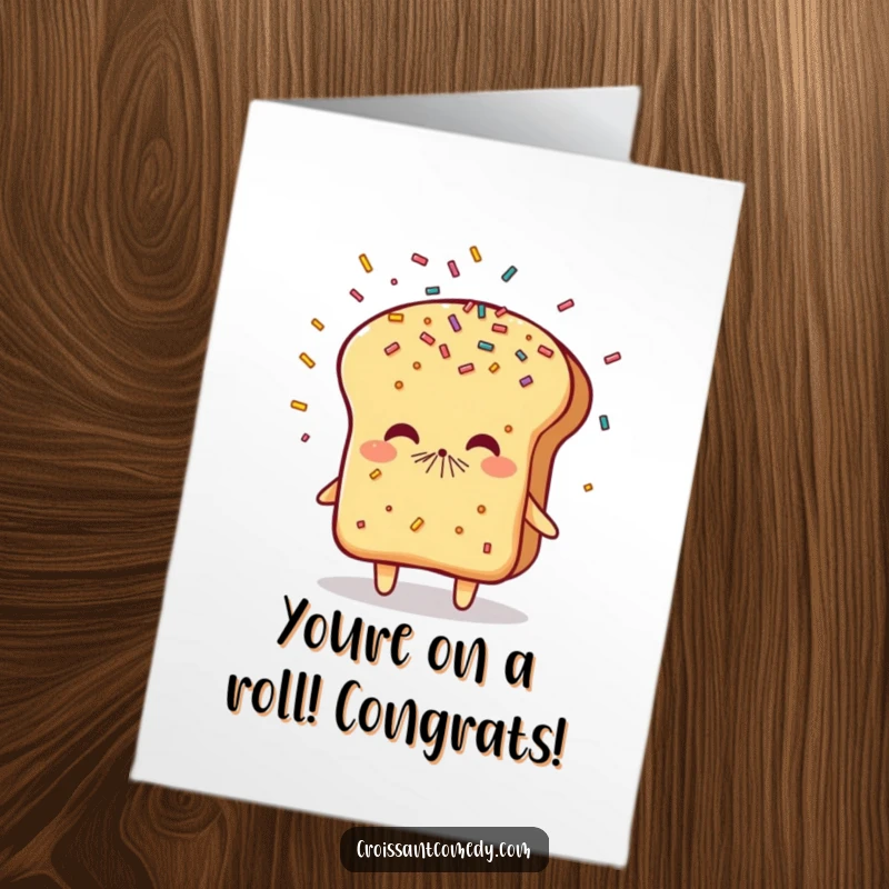 Funny Free Printable Congratulations Card: Flaky bread character playfully sneezes a vibrant shower of sprinkles.