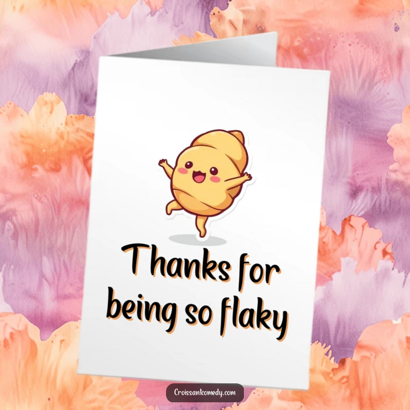 Funny Free Printable Thank You Card: Bubbly croissant character doing a cartwheel with palpable, visible delight.