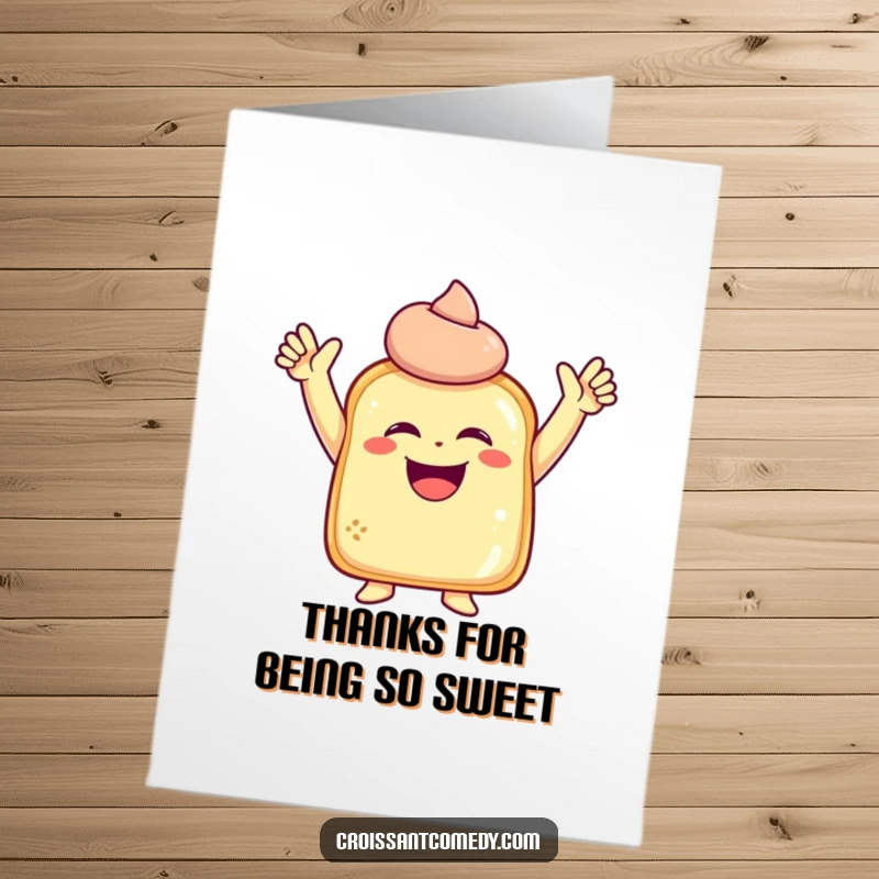 Funny Free Printable Thank You Card: Laughing pastry character with small arms raised in a thoroughly joyous pose.