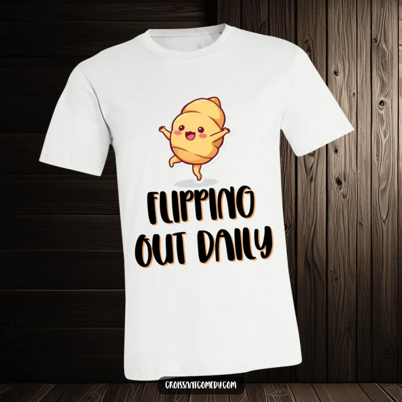 Funny Croissant Cartwheel T-Shirt: A bubbly croissant character is captured mid-cartwheel, showcasing pure, visible delight.