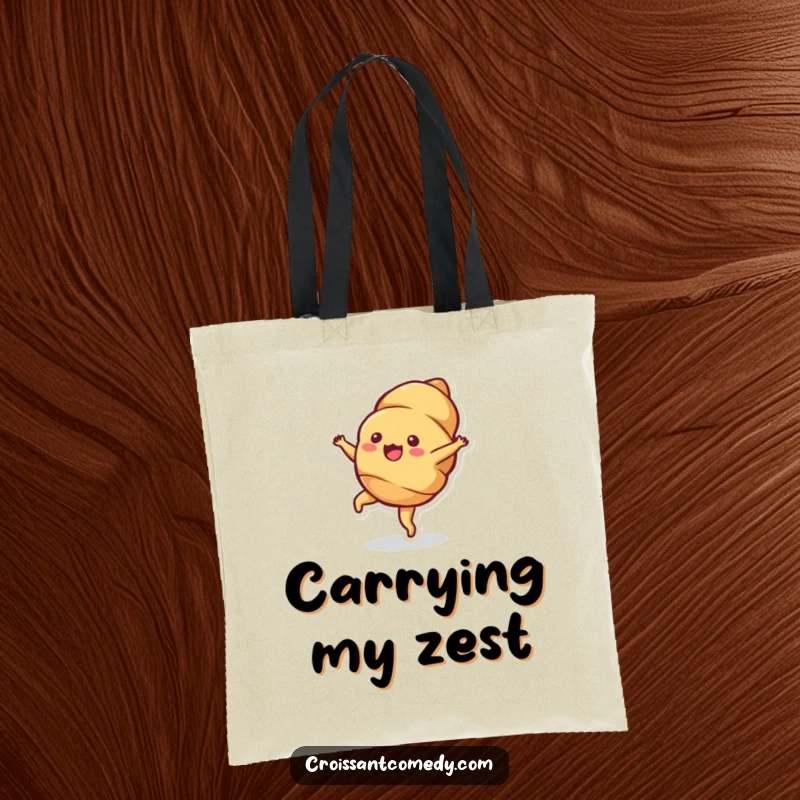 Funny Croissant Cartwheel Tote Bag: A bubbly croissant character joyfully performs a cartwheel, perfect for carrying your delightful items.