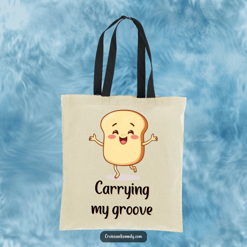 Funny Bread Tote Bag: A round, smiling bread character with short legs is shown doing a funny, jaunty jig.
