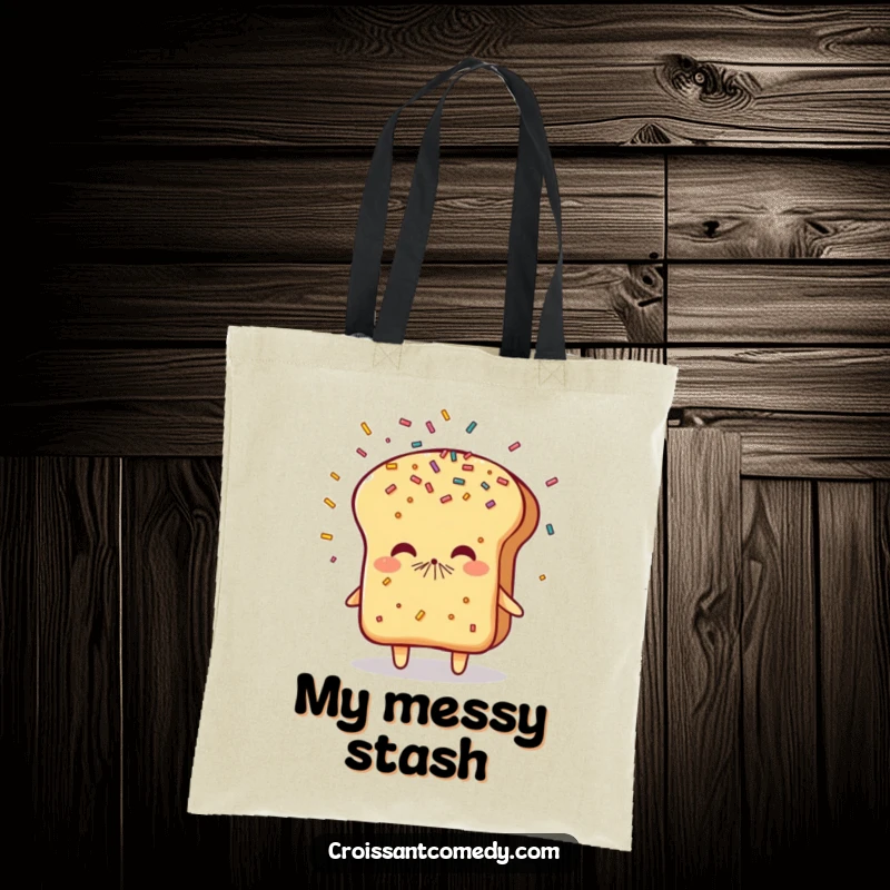 Funny Sneezing Bread Tote Bag: A flaky bread character playfully sneezes a delightful shower of colorful sprinkles, perfect for carrying joy.